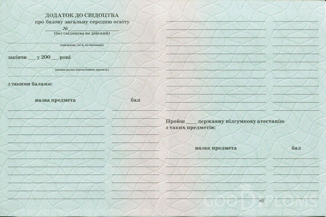 Украинский аттестат за 9 класс - Обратная Сторона приложения- Пинск